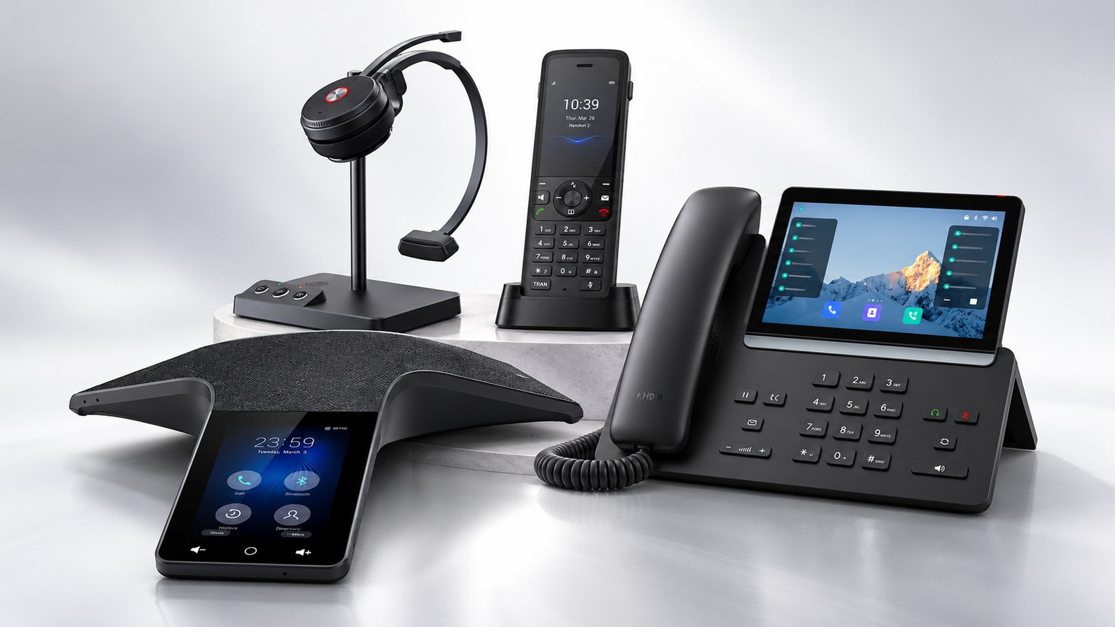 Telexico business phone devices — touchscreen desk phone, cordless DECT handset, conference speakerphone and wireless headset